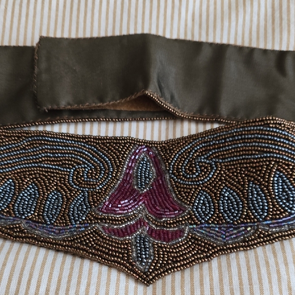 Accessories - Vintage Artisan Beaded Women's Belt in Purple and Bronze Velcro Closure